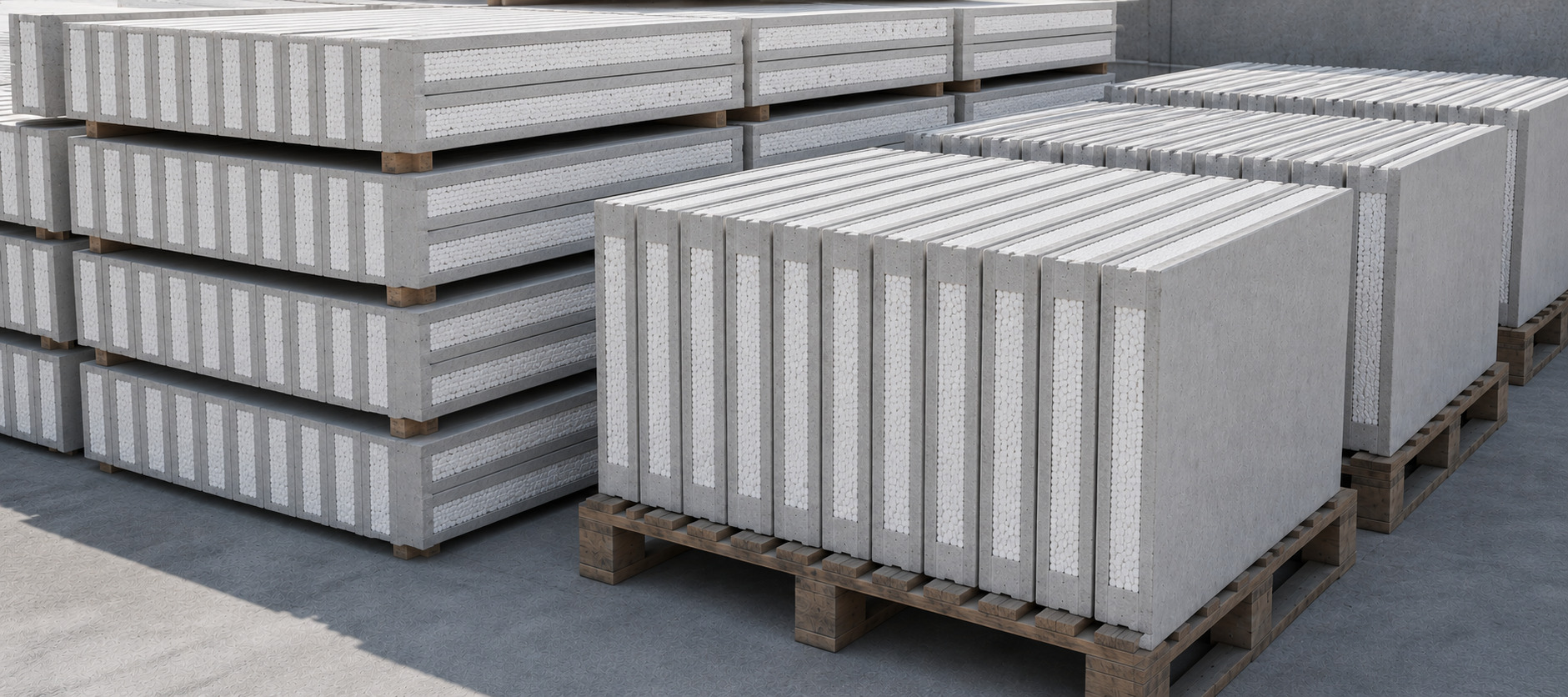 Pallets de blocos e painéis PGT com EPS prontos para entrega